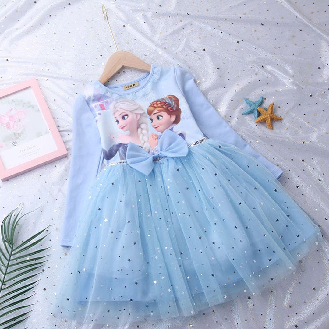 Girls Long Sleeve Frozen Princess Printed Dress Party Dresses Blue 1-2 Y