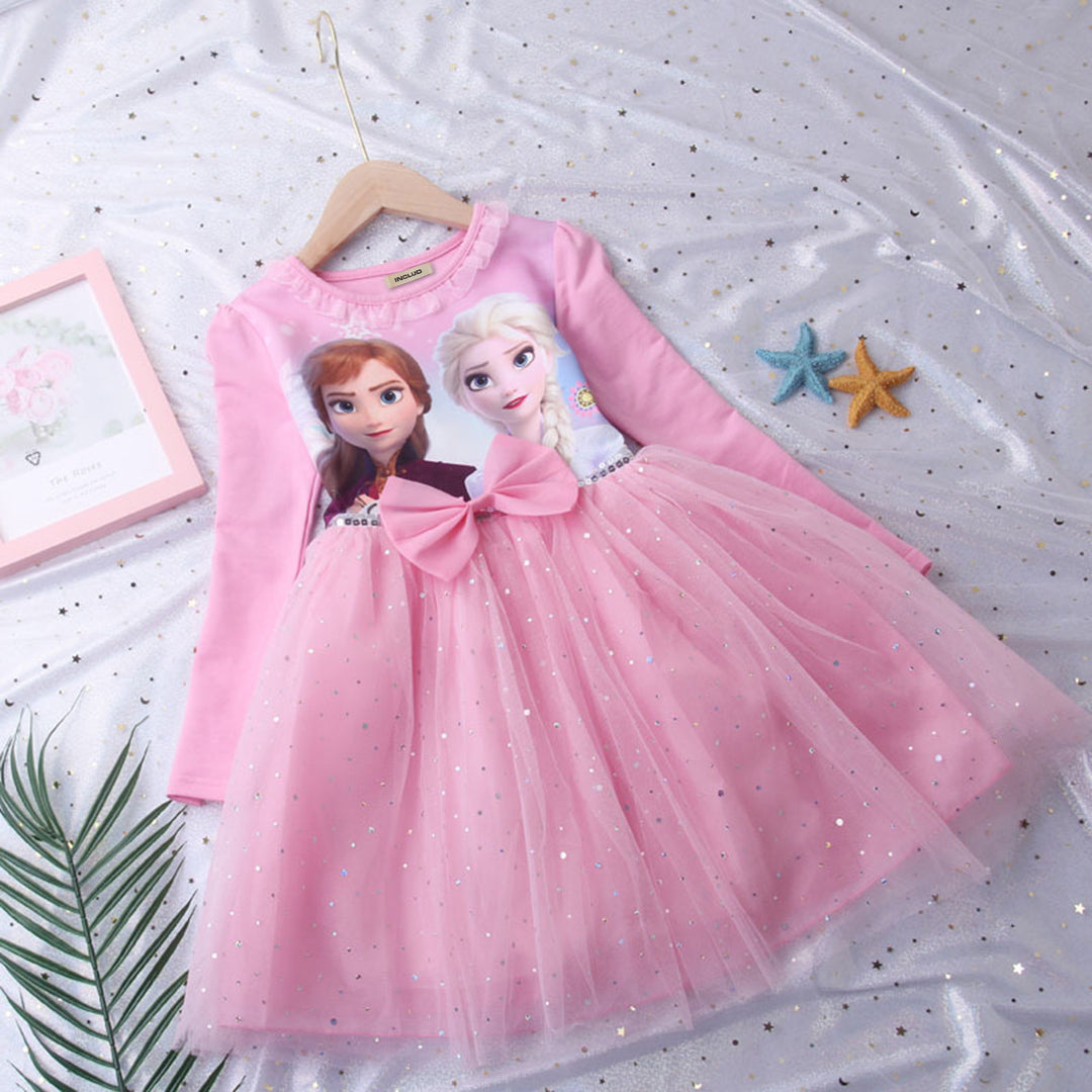 Girls Long Sleeve Frozen Princess Printed Dress Party Dresses Pink 1-2 Y