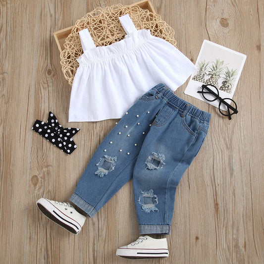Girls Sleeveless Crop Top With Denim Pants Set (Copy) Sets White 1-2 Y