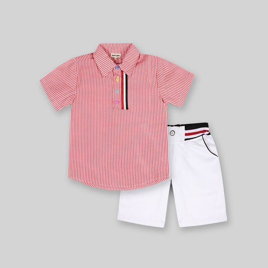 Boys Casual Stripe Print Shirt With Solid Shorts Clothing Sets (Copy) Sets Pink 1-2 Y
