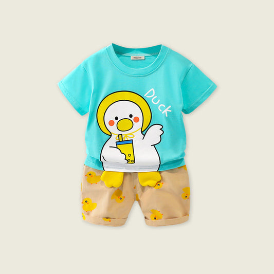 Boys Short Sleeve Duck Print T-Shirt With Printed Shorts