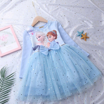 Girls Long Sleeve Frozen Princess Printed Dress Party Dresses Blue 1-2 Y 