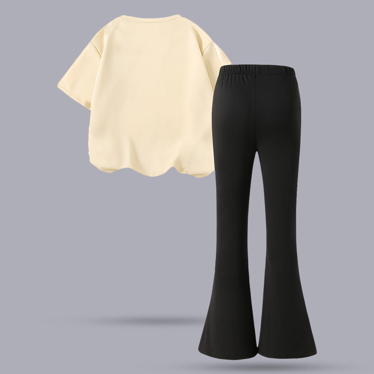 Girls Apricot Hamster Print T-shirt with Black Flared Pants Set Sets