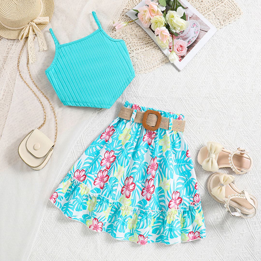 Girls Sleeveless Top With Floral Printed Skirt Set Sets   
