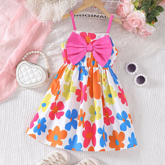 Girls Floral Print Bow Applique Sleeveless Fit & Flare Dress Casual Dresses Multicolor 1-2 Y 