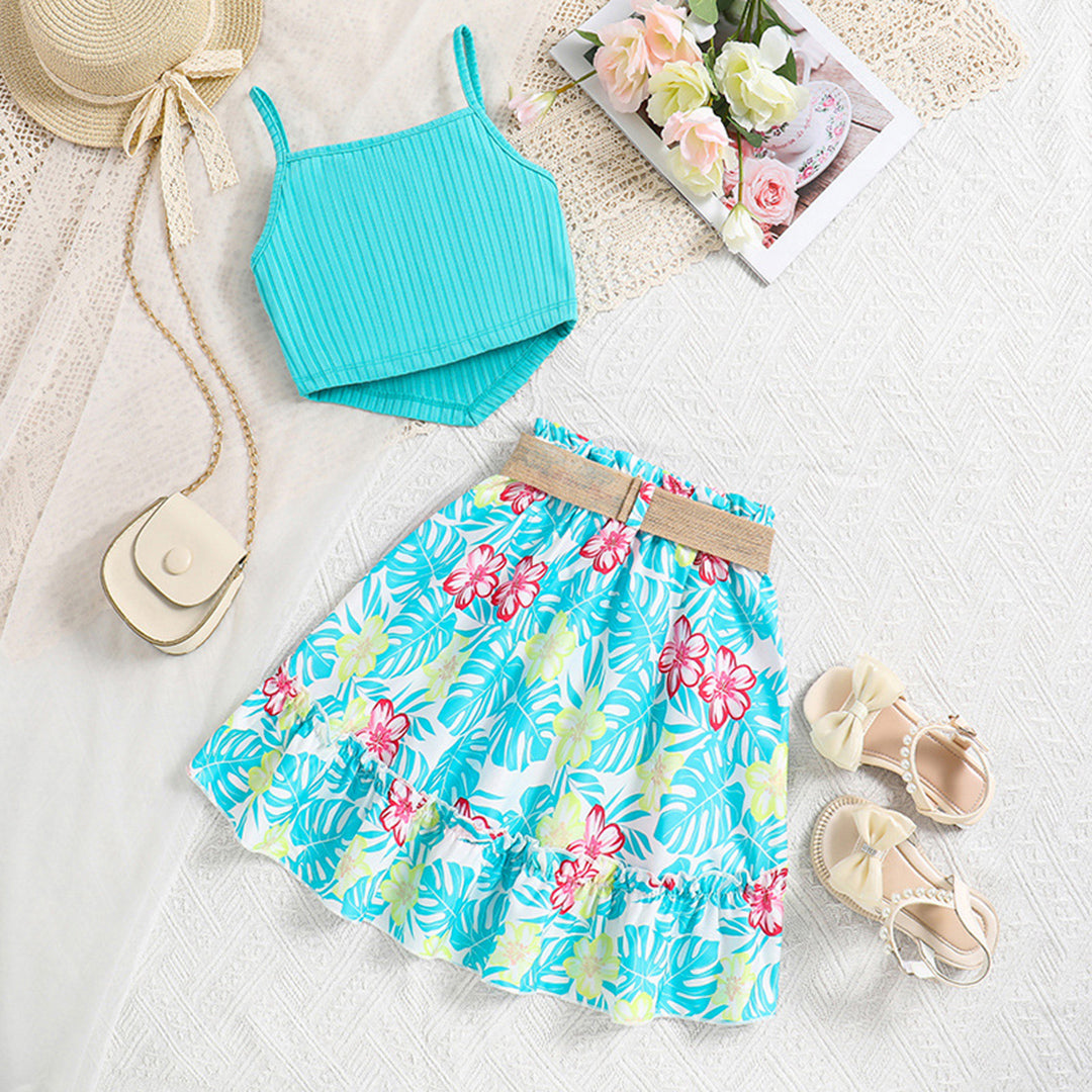 Girls Sleeveless Top With Floral Printed Skirt Set Sets Sky Blue 7-8 Y 