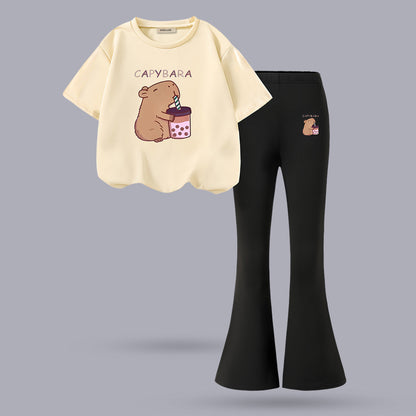 Girls Apricot Hamster Print T-shirt with Black Flared Pants Set Sets Apricot 7-8 Y